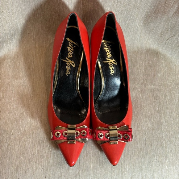 LINEA ROSA Sz 38 Pointy Bow at Toe Cap Metal Accents Heels Statement Shoes - Picture 3 of 12